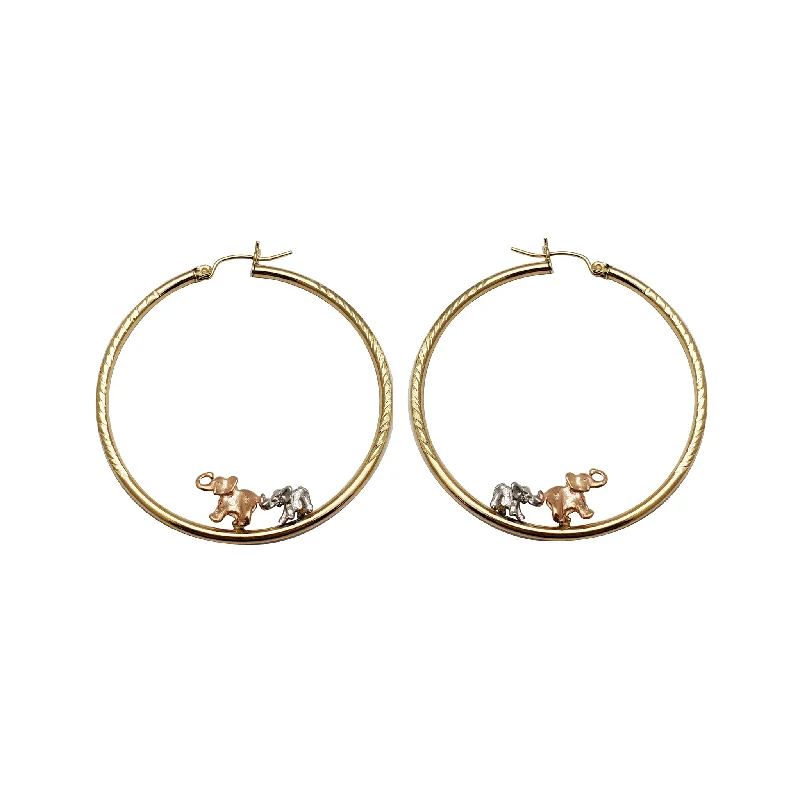 Gold Stud Earrings For Office Wear-Tri-Color Mother & Baby Elephant Hoop Earrings (14K)