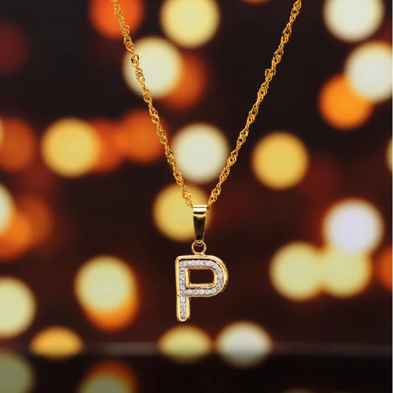 Handcrafted Gold Necklace For Weddings-Gold Necklace (Chain with P Shaped Alphabet Letter Pendant) 18KT - FKJNKL18K9420