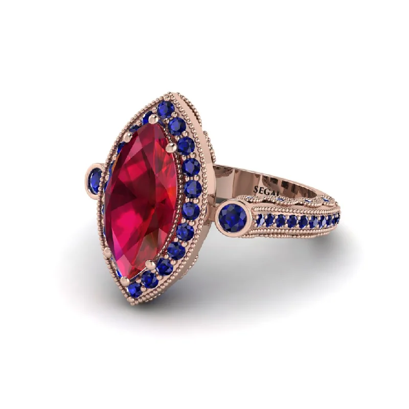 Sparkling Gold Rings For Anniversary Gifts-Milgrain Halo Marquise Ruby Engagement Ring - Noreen No. 71