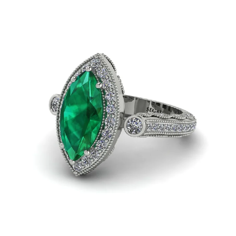 Classic Gold Wedding Rings For Bridesmaids-Milgrain Halo Marquise Emerald Engagement Ring - Noreen No. 6