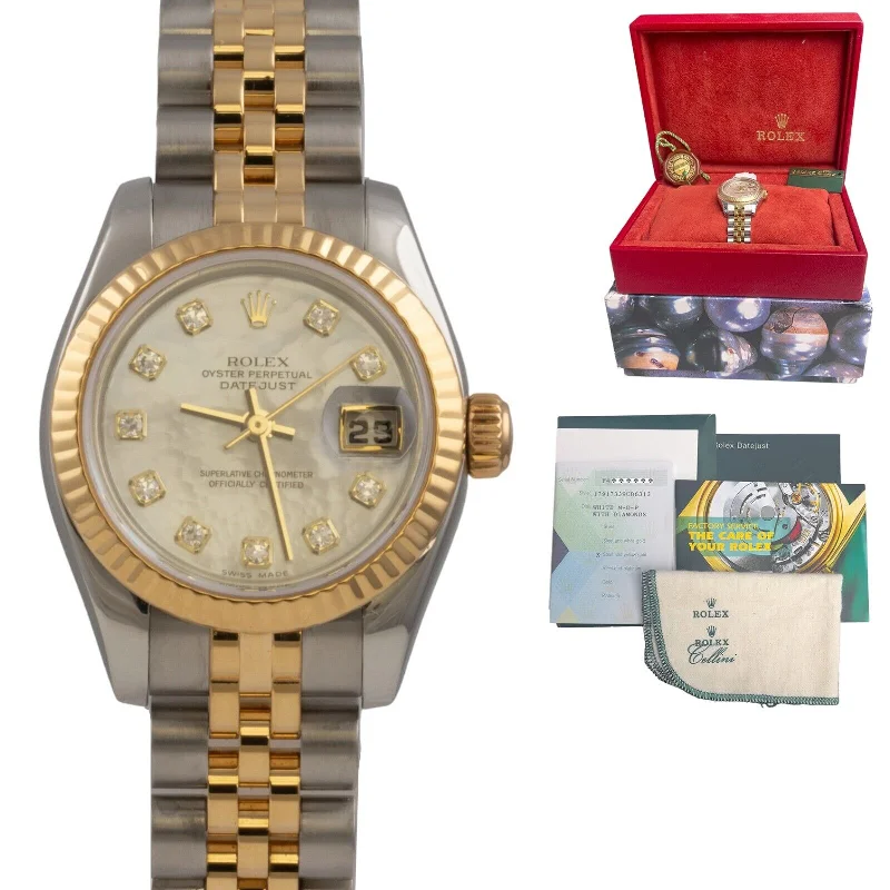 High-End Swiss Watches For Men-2004 Rolex DateJust 179173 18k Gold & Stainless MOP Diamond Dial 26mm BOX PAPERS