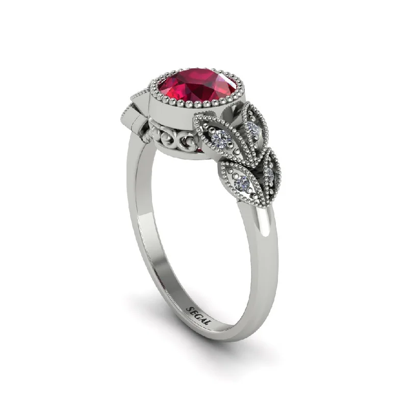 Sparkling Custom Wedding Rings For Bridesmaids-Art Deco Ruby Leaves Engagement Rings - Thalia No. 12