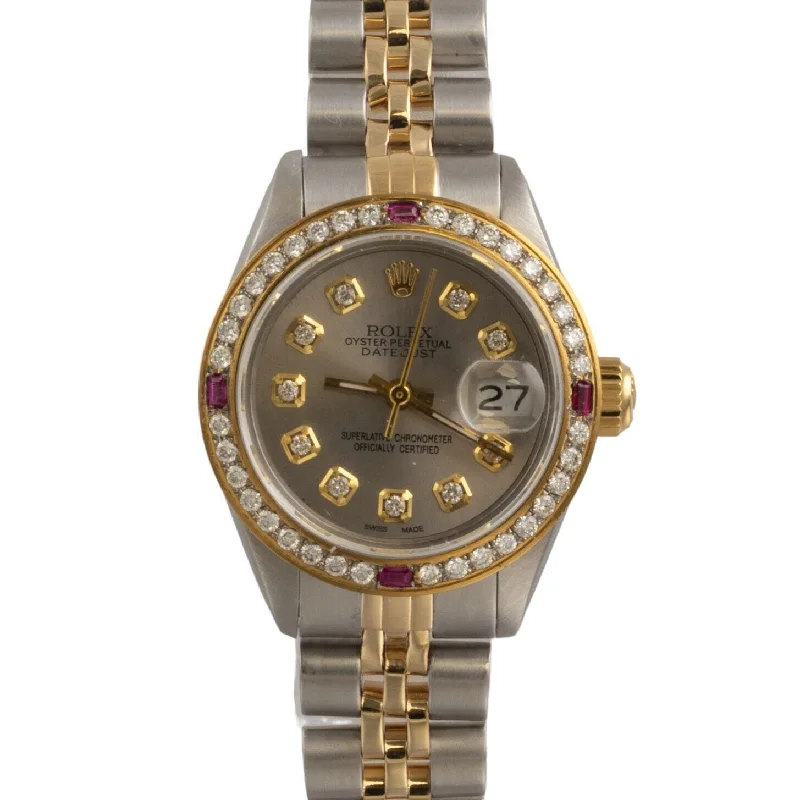 Designer Watches For Brides-1983 Rolex DateJust 6917 Steel & 18k Gold Silver Diamond Ruby Bezel 26mm Watch