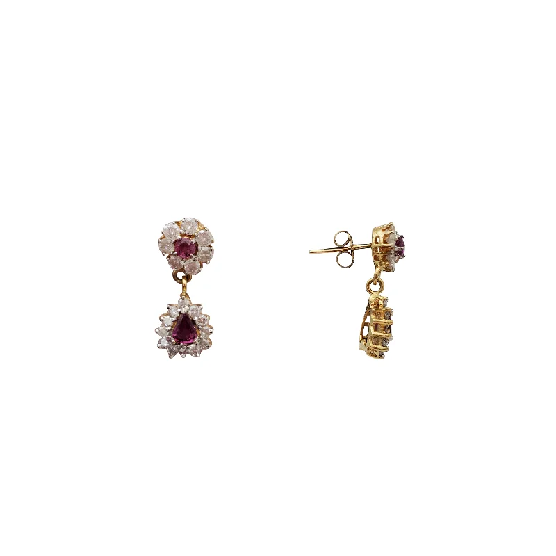 Custom Earrings For Wedding Day Gifts-Dangling Diamond & Ruby Flower Stud Earrings (14K)