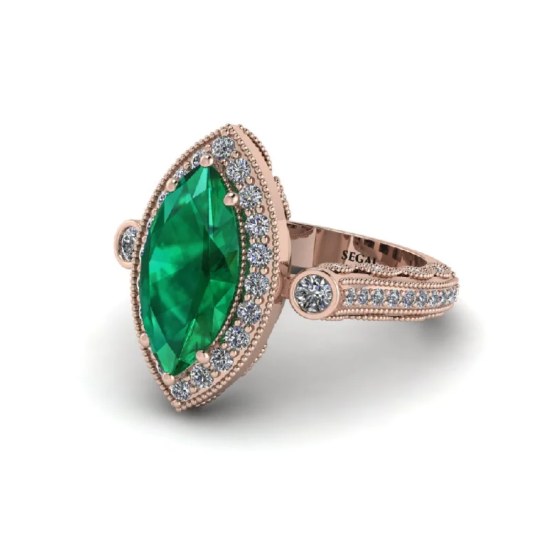 Personalized Wedding Bands With Special Engravings-Milgrain Halo Marquise Emerald Engagement Ring - Noreen No. 5