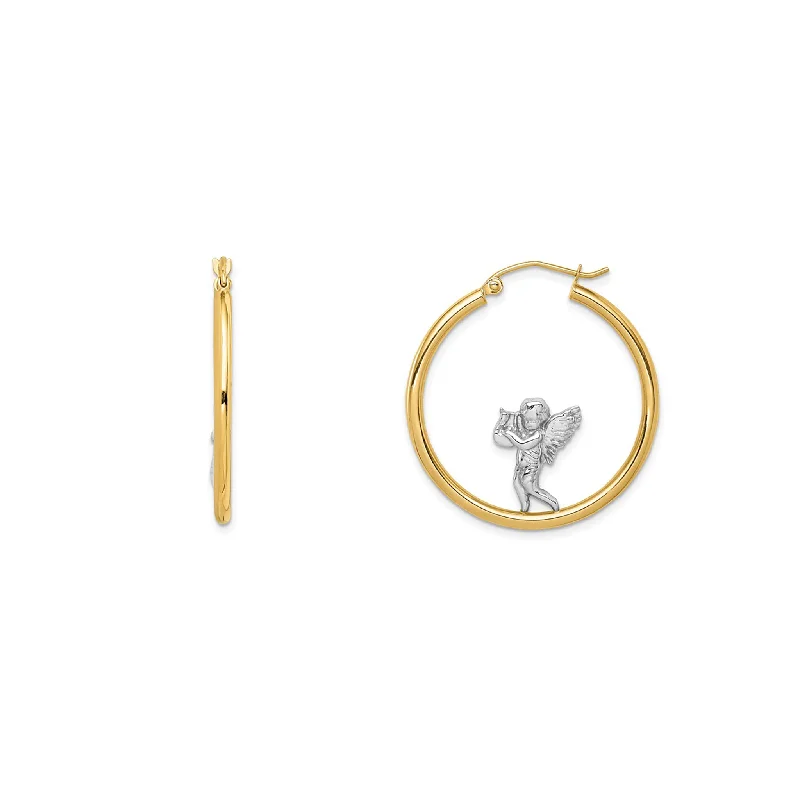 Custom Earrings For Anniversary Gifts-Two-Tone Baby Angel Hoop Earrings (14K)