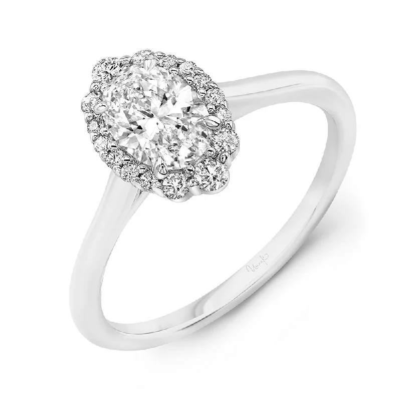 Custom Wedding Bands For Stylish Couples-Uneek Petals Collection Halo Oval Shaped Engagement Ring