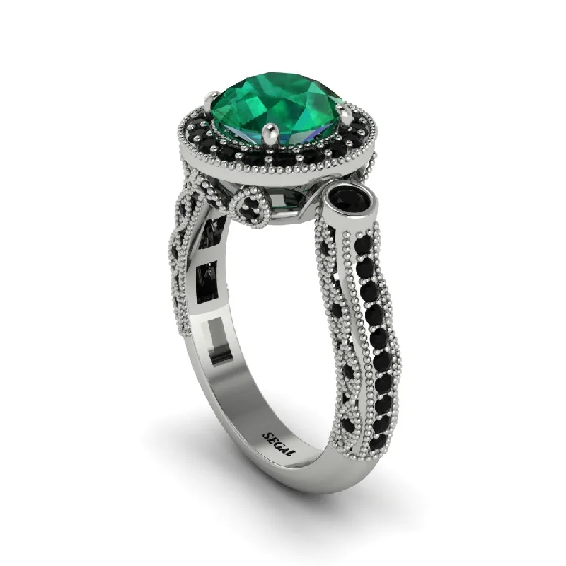 Trendy Stacking Rings For Special Occasions-Milgrain Halo Pave Emerald Engagement Ring - Mabel No. 36