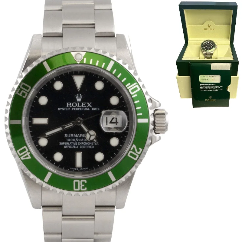 Classic Watches With Stainless Steel Cases-NOS Rolex Submariner Kermit Green 40mm Watch 16610V BOX & PAPERS STICKERS 2005/6