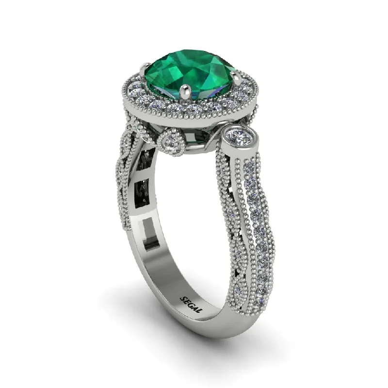 Classic Gold Wedding Rings For Timeless Style-Milgrain Halo Pave Emerald Engagement Ring - Mabel No. 6