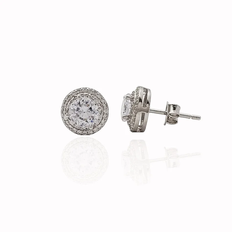 Vintage-Inspired Earrings For Bridal Style-Round Stone Layered Halo Stud Earrings (Silver)