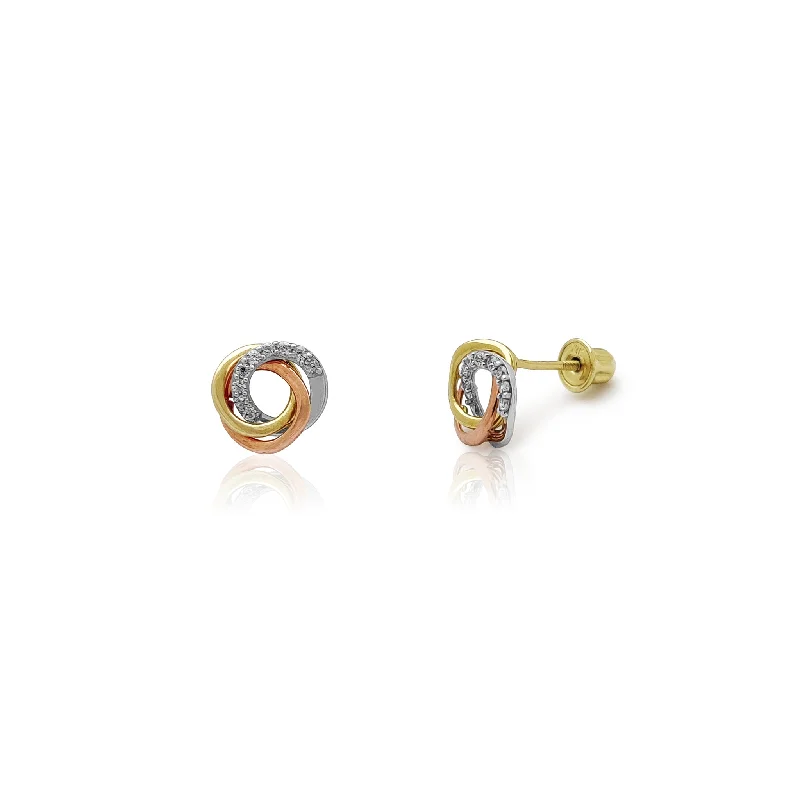 Sparkling Gemstone Earrings For Evening Wear-Tri-Color Love Knot Stud Earrings (14K)