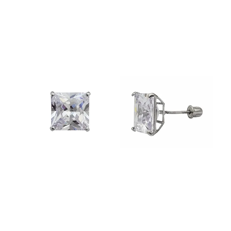 Crystal Stud Earrings For Elegant Look-[Screw-back] Zirconia Princess-cut Solitaire Stud Earrings (14K)