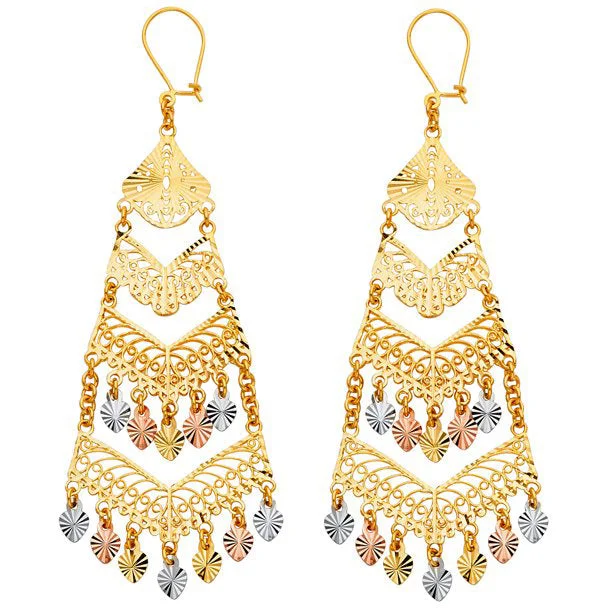 Simple Gemstone Earrings For Office Look-Tricolor Diamond-cut Chandelier Earrings (14K)