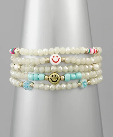 Simple Pearl Earrings For Casual Look-Smile Charm Bead Bracelet Set - Ivory/Mint