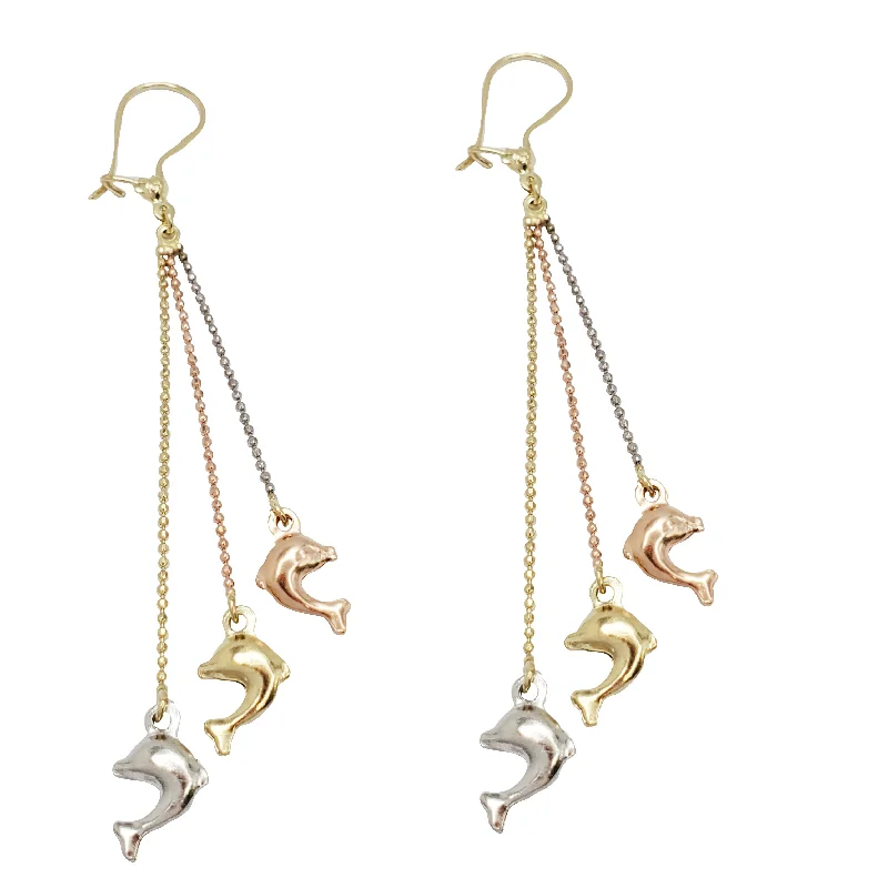 Simple Gold Hoop Earrings For Daily Use-Tricolor Dolphins Dangling Earrings (14K)