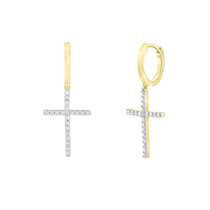 Handmade Silver Earrings For Weddings-Diamond Cross Dangling Huggie Earrings (14K)