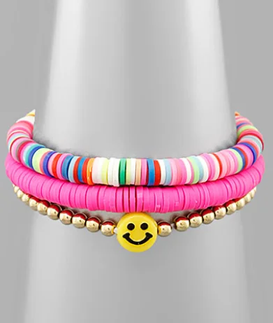 Sparkling Earrings For Day Wear-Rubber & Smile Metal Beads Bracelet - Hot Pink