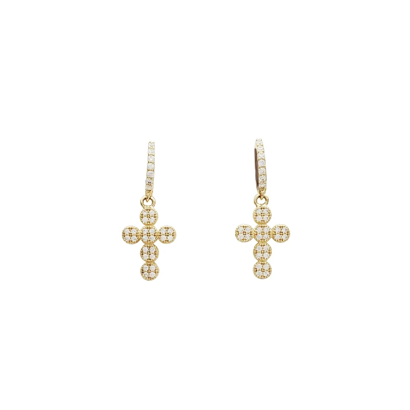 Gold Stud Earrings For Office Wear-Dangling Round Cross CZ Huggie Earrings (14K)