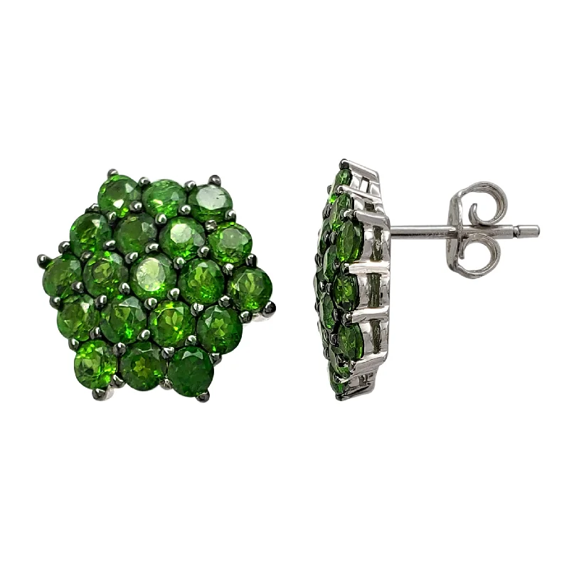 Simple Diamond Earrings For Daily Wear-Green Zirconia Iced-Out Hexagon Stud Earrings (Silver)