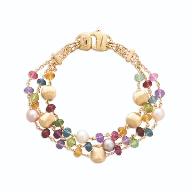 Silver Chain Bracelets For Gifts-18K Yellow Gold Mixed Gemstone and Pearl Triple Strand Bracelet