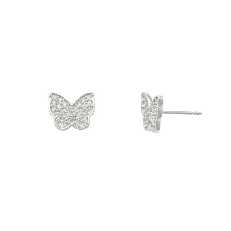 Silver Earrings For Office Look-Zirconia Pave Butterfly Stud Earrings (14K)