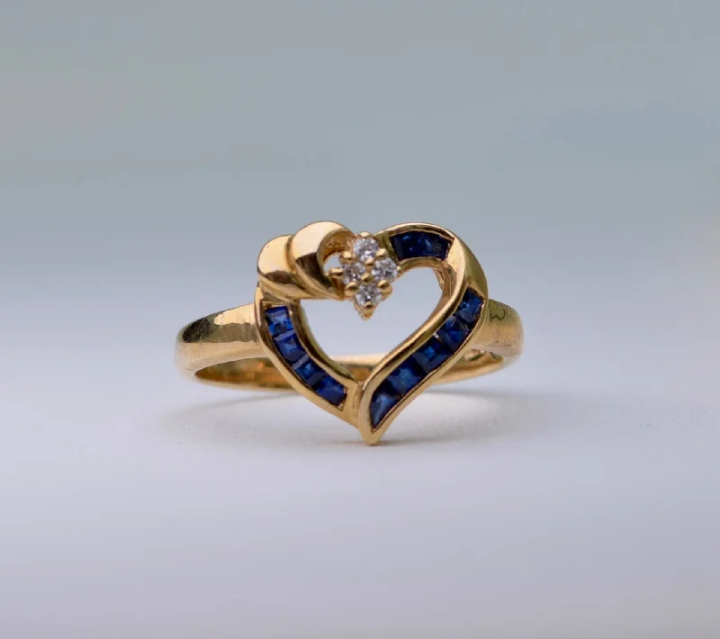 Luxury Sapphire Rings For Wedding Bands-14K Yellow Gold Sapphire Heart Ring with Diamond Accent