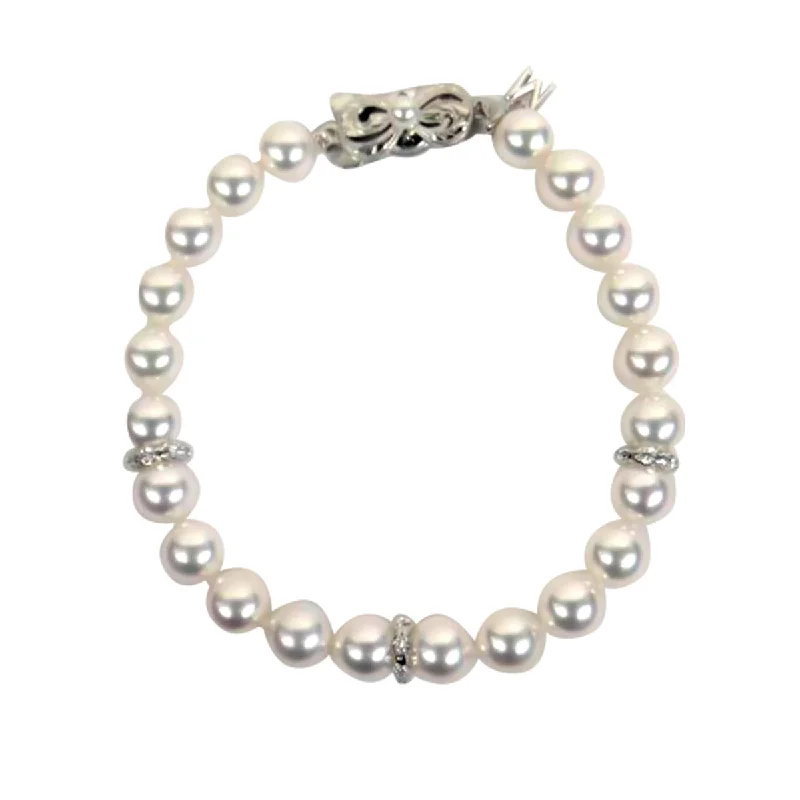 Simple Beaded Bracelets For Teens-Akoya Pearl Bracelet with 3 Diamond Roundels