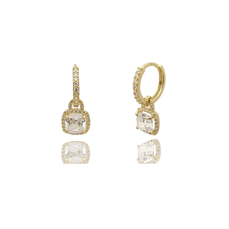 Sparkling Earrings For Day Wear-Cushion Halo Pave CZ Huggie Earrings (14K).