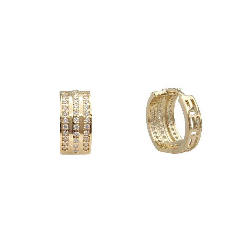 Lightweight Earrings For Comfortable Wear-Triple Row Zirconia Greek-Key Latch Huggie Earrings (14K)