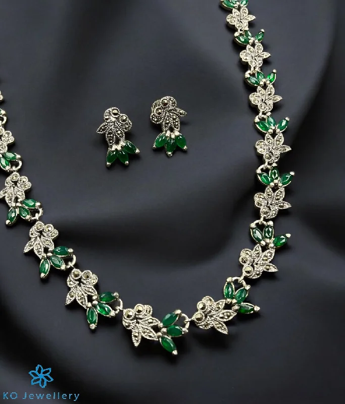 Elegant Gold Necklace For Special Occasions-The Gemstone Grace Silver Marcasite Necklace & Earrings (Green)