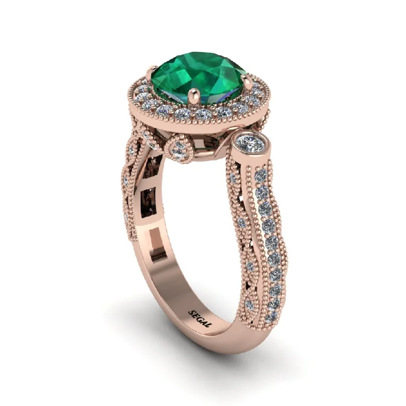 Personalized Wedding Rings With Custom Stones-Milgrain Halo Pave Emerald Engagement Ring - Mabel No. 5