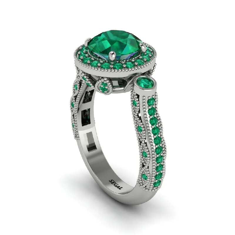 Classic Gemstone Engagement Rings For Brides-Milgrain Halo Pave Emerald Engagement Ring - Mabel No. 21