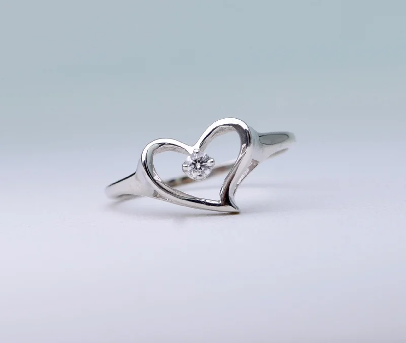 Classic Wedding Rings For Elegant Bridesmaids-14K heart-shaped white gold ring with one center diamond