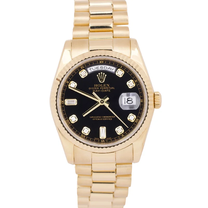 Watches With Unique Face Shapes For Fashion-RSC Rolex Day-Date President BLACK DIAMOND 18K Yellow Gold 36mm 118238 Watch BOX