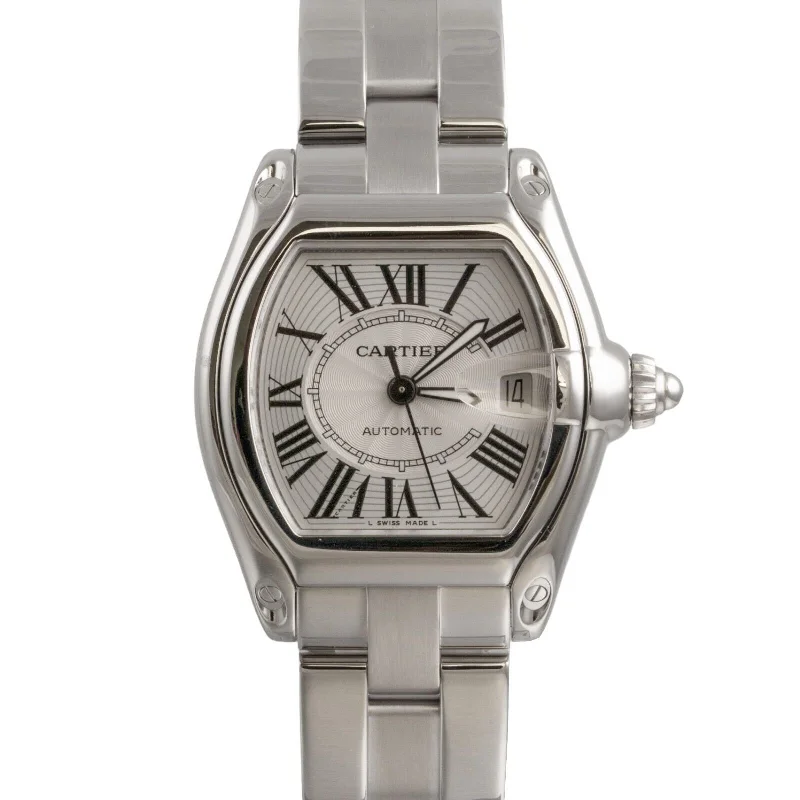 Men’s Chronograph Watches-Cartier Roadster LM Stainless Steel Silver Guilloche Date Dial 38mm Watch 2510