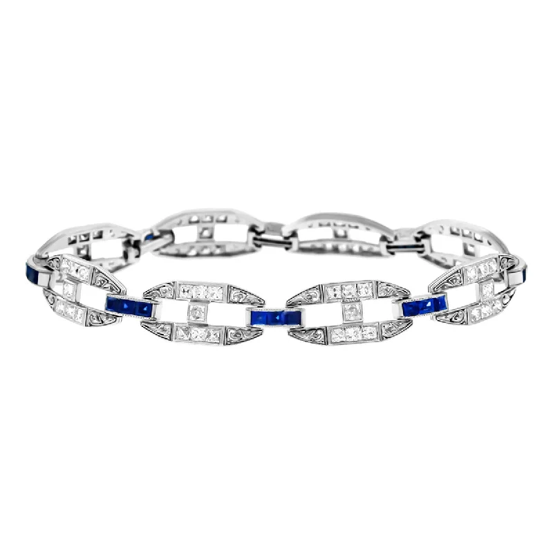 Wrap Around Leather Bracelets-Art Deco Platinum Diamond and Sapphire Bracelet