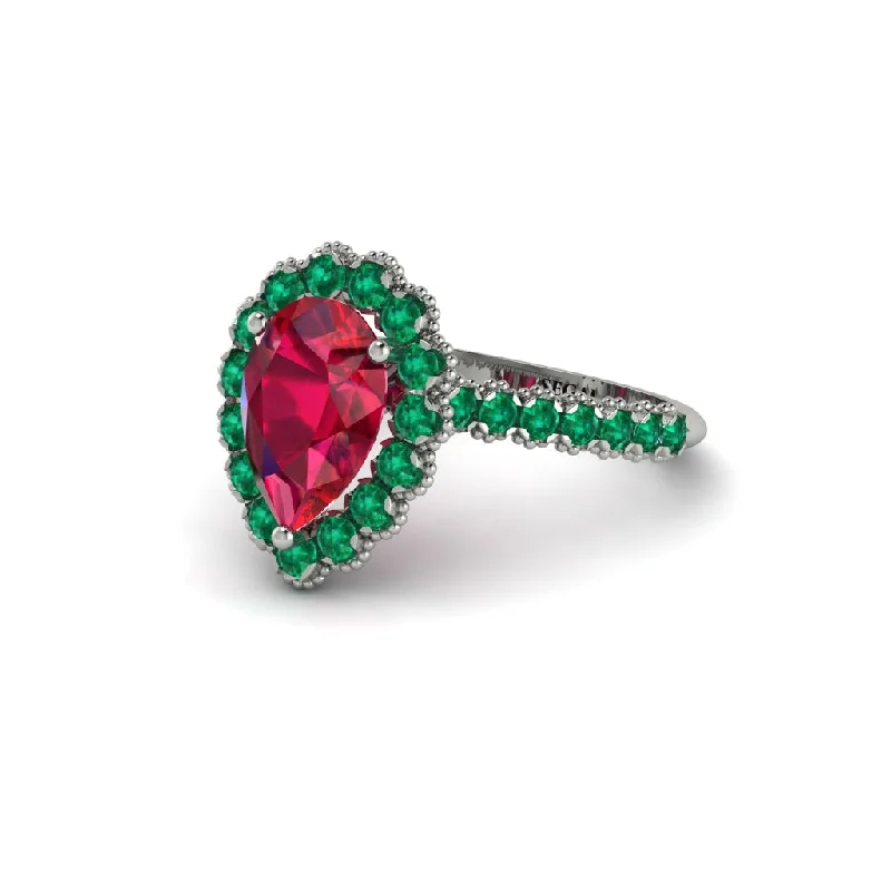 Unique Gemstone Rings For Wedding Day-Halo Pear Ruby Pave Engagement Ring - Ingrid No. 27