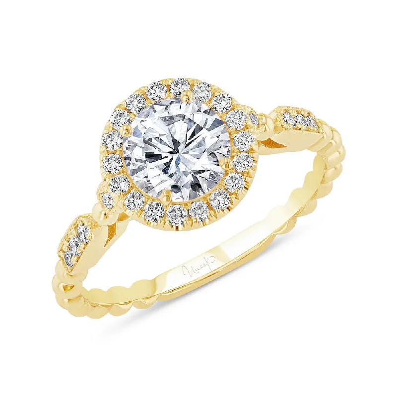 Trendy Wedding Rings For Fashion-Forward Grooms-Uneek Us Collection Round Diamond Halo Engagement Ring, with High Polish Bead Accents and Milgrain-Trimmed Pave Bars