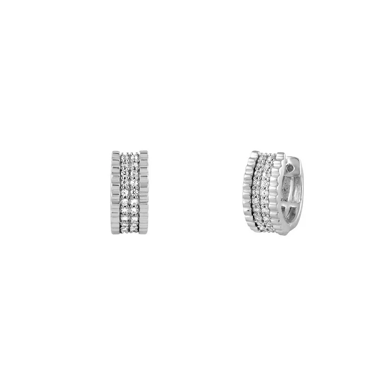 Trendy Silver Earrings For Casual Wear-Diamond Ridged Huggie Earrings (14K)