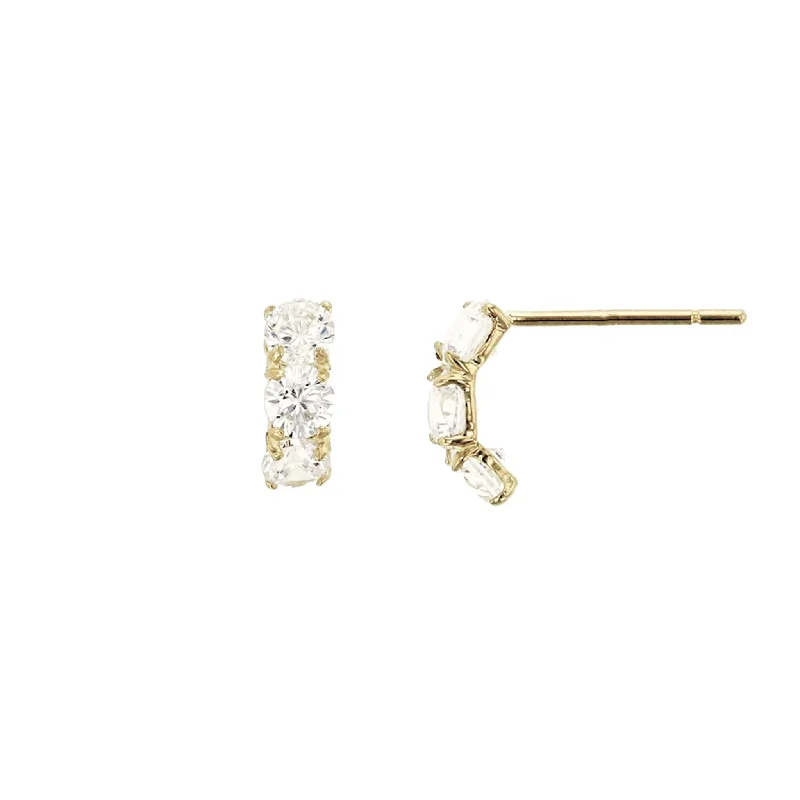 Simple Silver Stud Earrings For Daily Wear-Curved Three Part Stud CZ Earrings (14K)