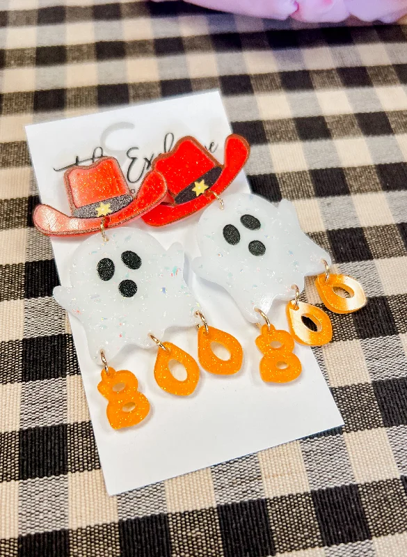 Silver Earrings For Formal Events-Cowgirl Ghost Boo Earrings